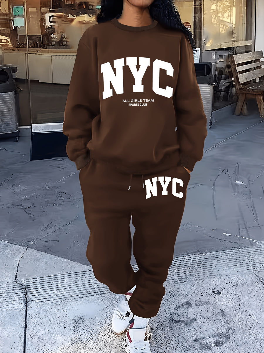 NYC Print Women'S Round Neck Casual Set 2pcs Outfit Spring Fall Outfit - Dark Brown