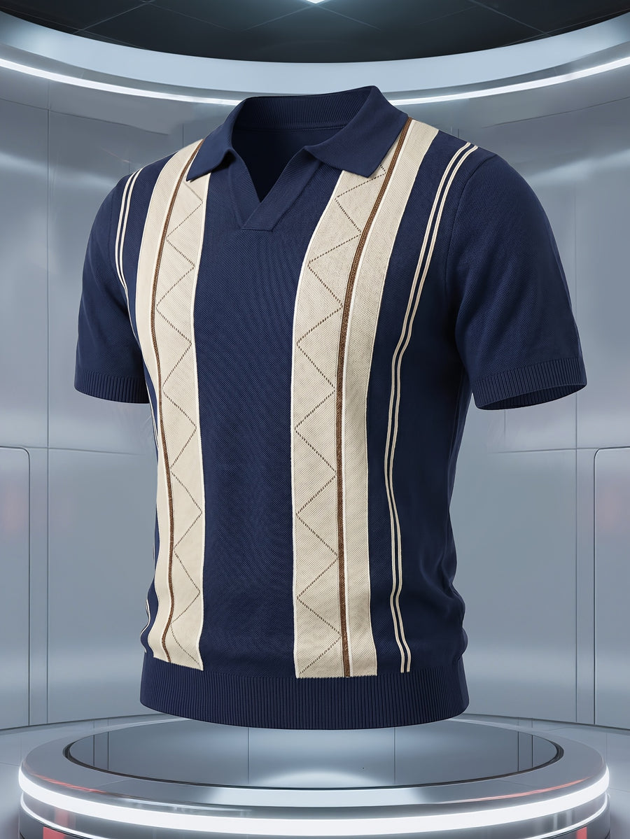Men's Knitted Short-Sleeve Polo Shirt with Breathable Knit Mesh Eyelet Design, Multi-Color Contrast Striped Jacquard Knit Pattern, American-Style Lapel with Seagull Collar, Stylish and Slimming, Light Luxury Fashion, Designer Style Golf Polo Top - Sea Blue