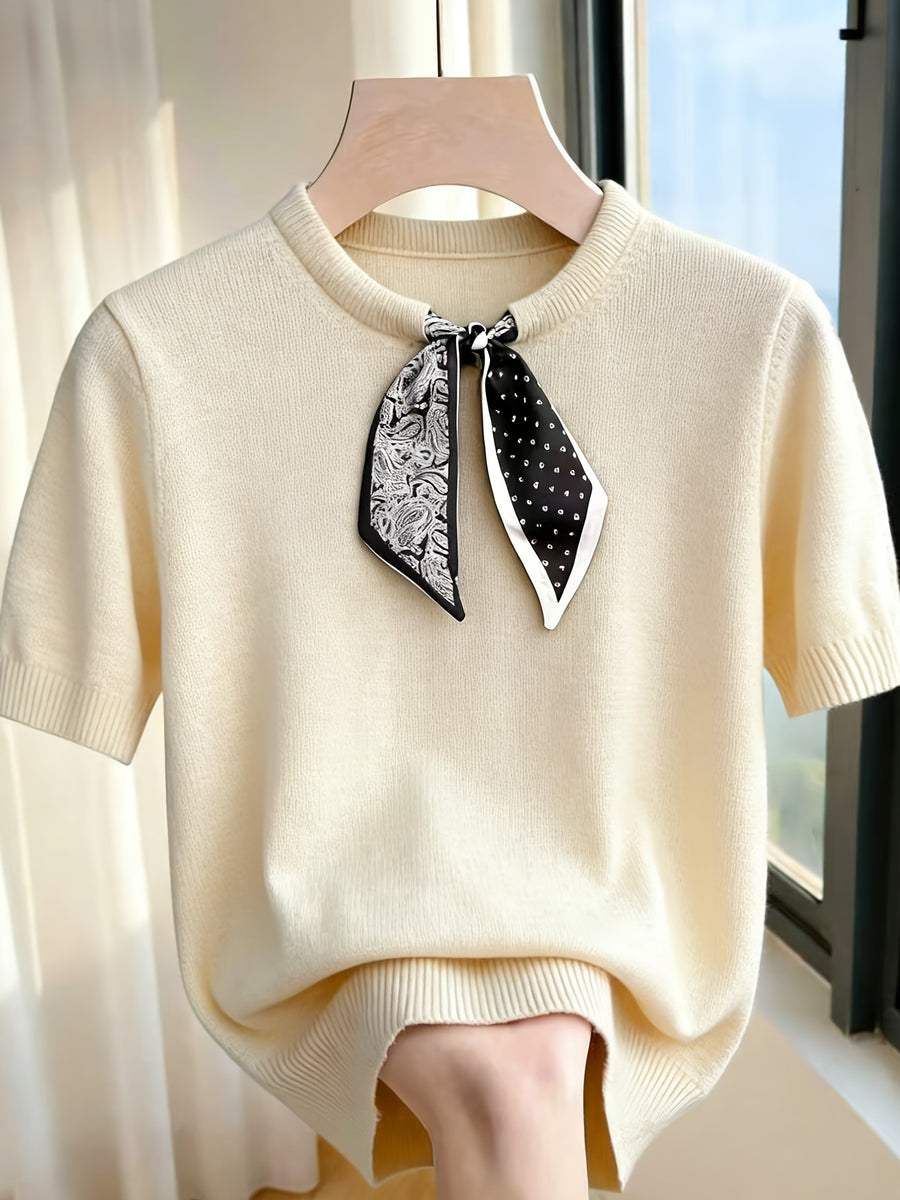 Gray Short-Sleeve Sweater with Scarf Bow Tie Collar - Round Neck Blouse-Compatible Suitable for Layering or Outerwear, Medium Stretch - Sweater for Commuting, Office & Casual Wear, Hand Washable Solid Color - Apricot