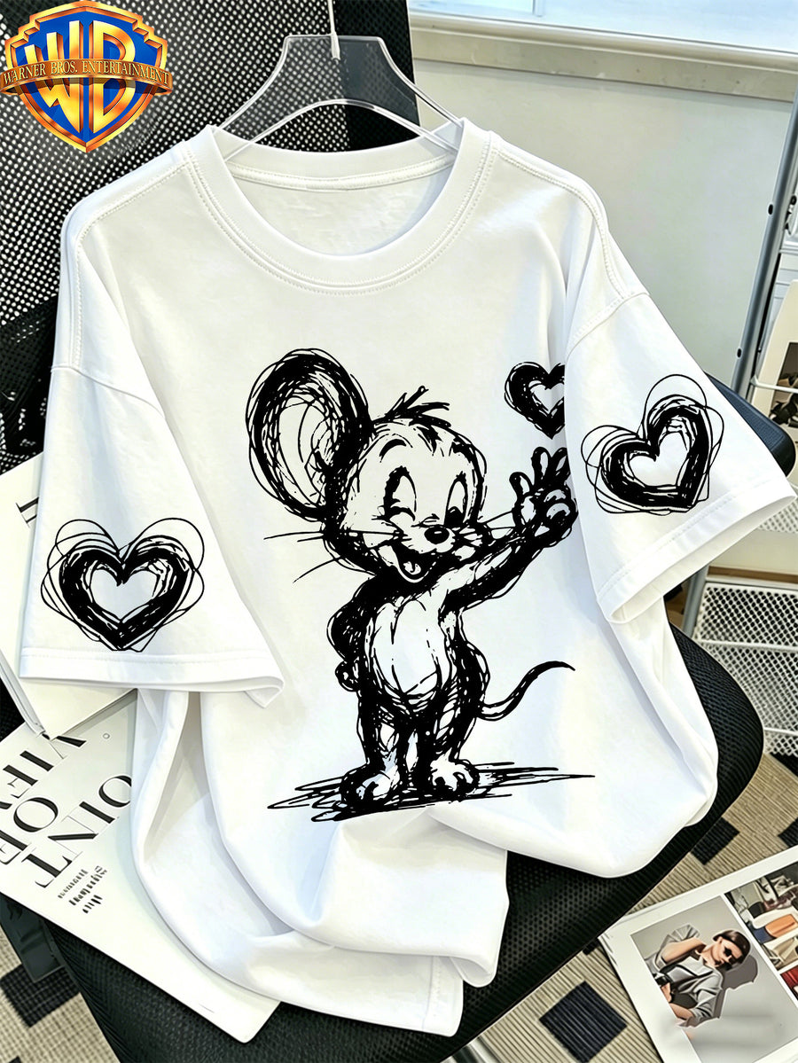 Warner Bros. Official - Minimalist Anime-style T-shirt Featuring a Hand-drawn 'finger Heart' Sketch; Men's 100%, Comfortable, Versatile, and Loose-fitting Short-sleeve Summer Tee-suitable for Outdoor Activities and Casual Attire. - White