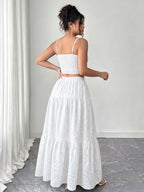 Two-Piece Embroidered Maxi Dress, Bohemian Style with Layered Ruffle Hem. Perfect for Dates, Vacations, Picnics, And Beach Outings. Comfortable And Versatile Women'S Dress - White