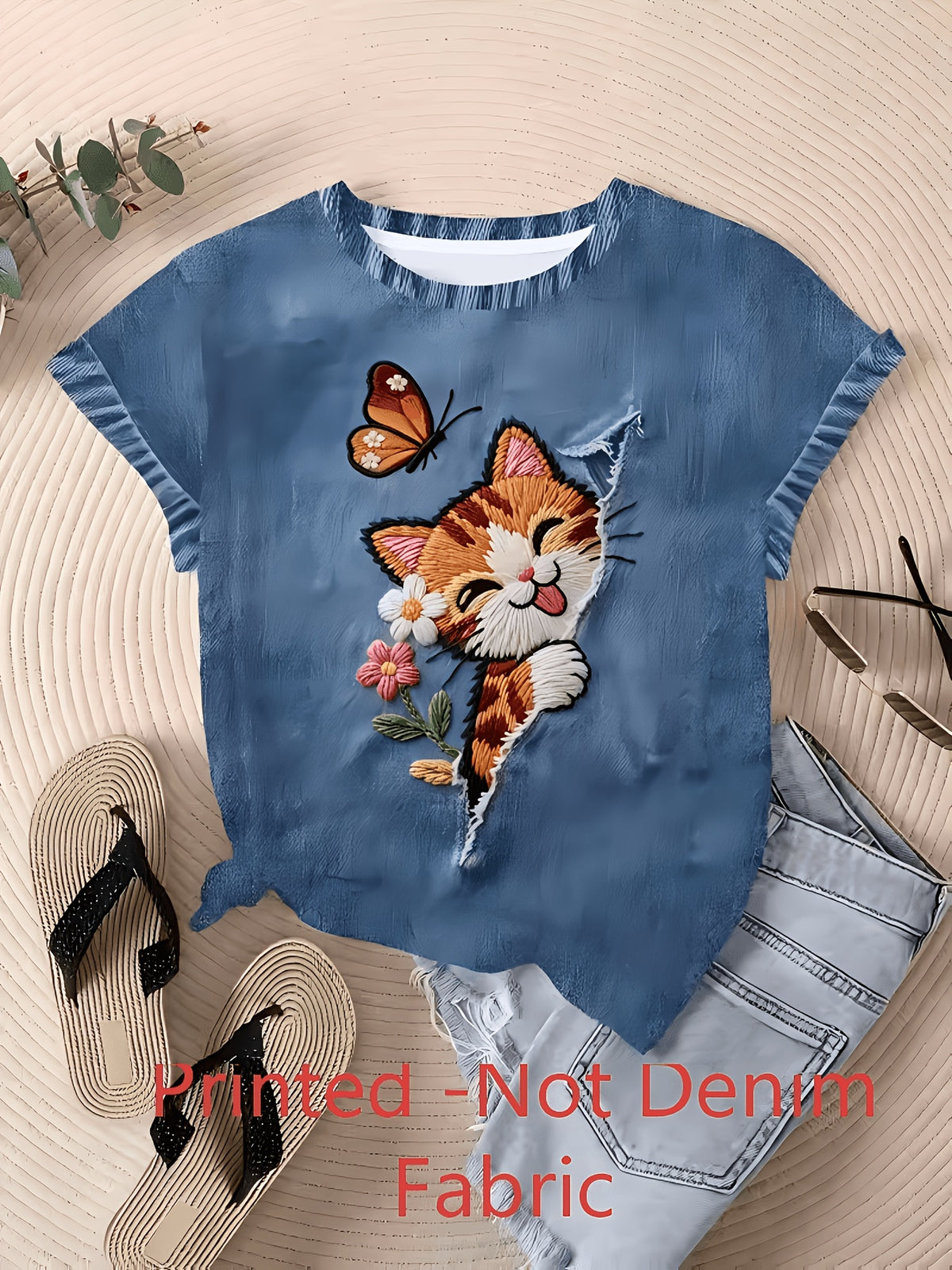 [Printed Pants - Not Faux Denim Fabric]Women'S Imitation Faux Denim Round Neck Short-Sleeved T-Shirt, Embroidered Print Cute Cat Butterfly Small Flower Ripped Print Casual Top, Versatile Retro Age-Reducing Daily Outing Wear Top - Mixed colors