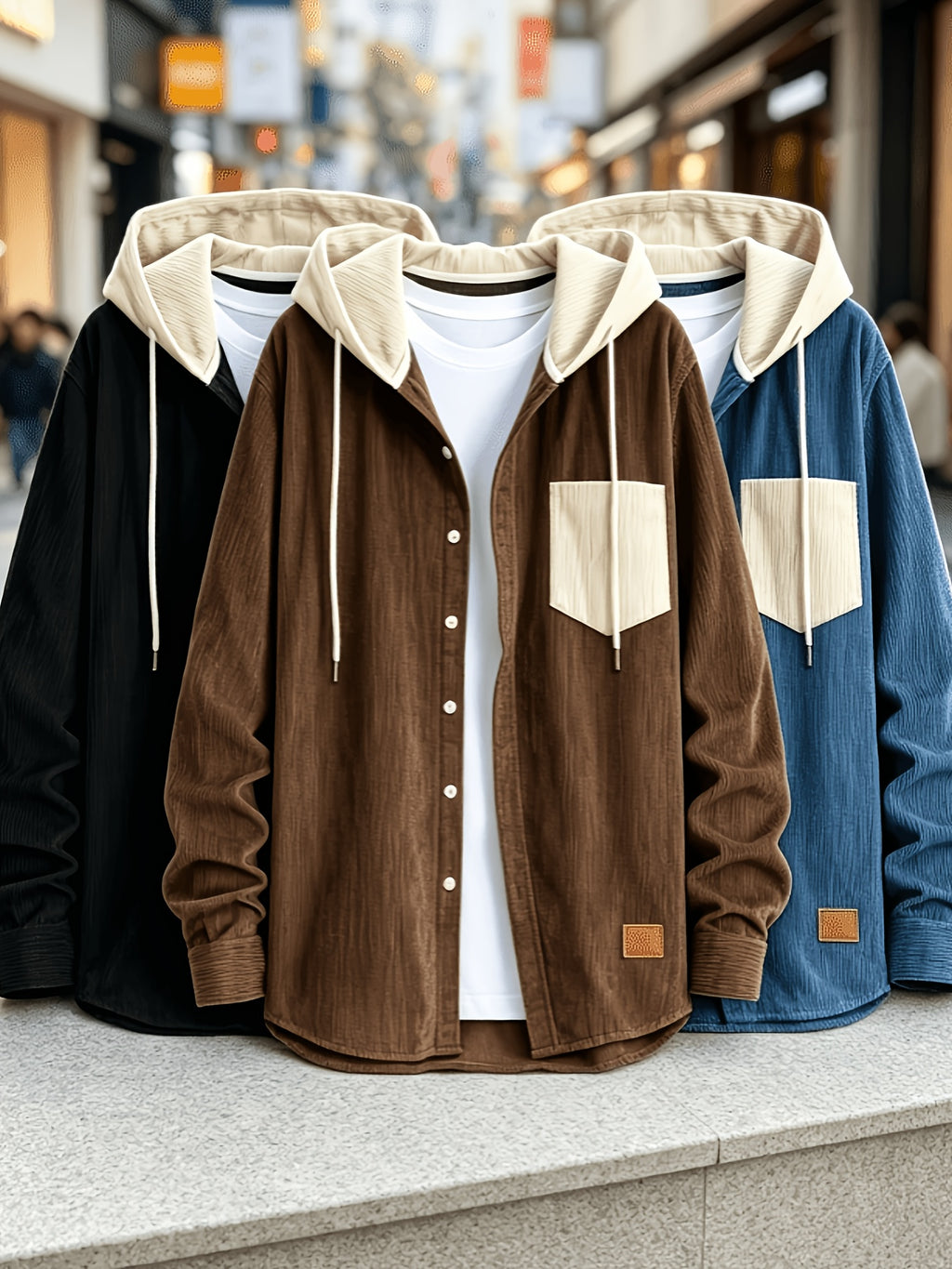Men'S Fashion Corduroy Hooded Long Sleeve Shirt, Men'S Casual 3pcs Set Hooded Top Shirt - Black Plus Brown Plus Blue