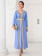 Light Blue Ribbon Hand-sewn Rhinestone Long-sleeve 2-in-1 Look Dress, Elegant and Fashionable Long Dress for Spring Travel - Light Blue