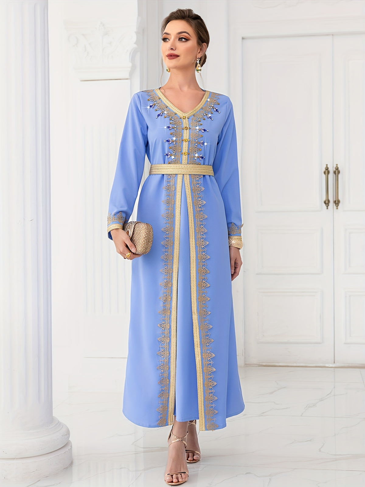 Light Blue Ribbon Hand-sewn Rhinestone Long-sleeve 2-in-1 Look Dress, Elegant and Fashionable Long Dress for Spring Travel - Light Blue