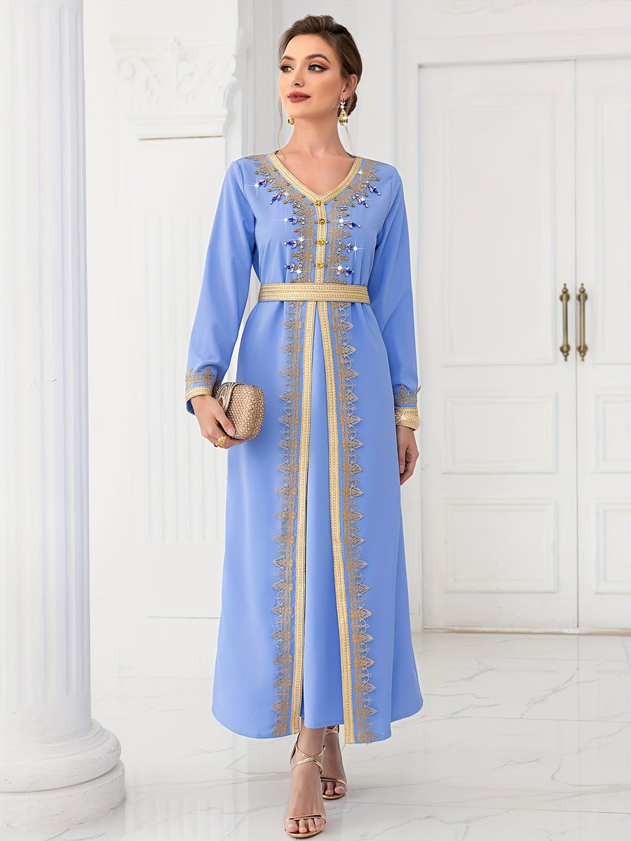 Light Blue Ribbon Hand-sewn Rhinestone Long-sleeve 2-in-1 Look Dress, Elegant and Fashionable Long Dress for Spring Travel - Light Blue