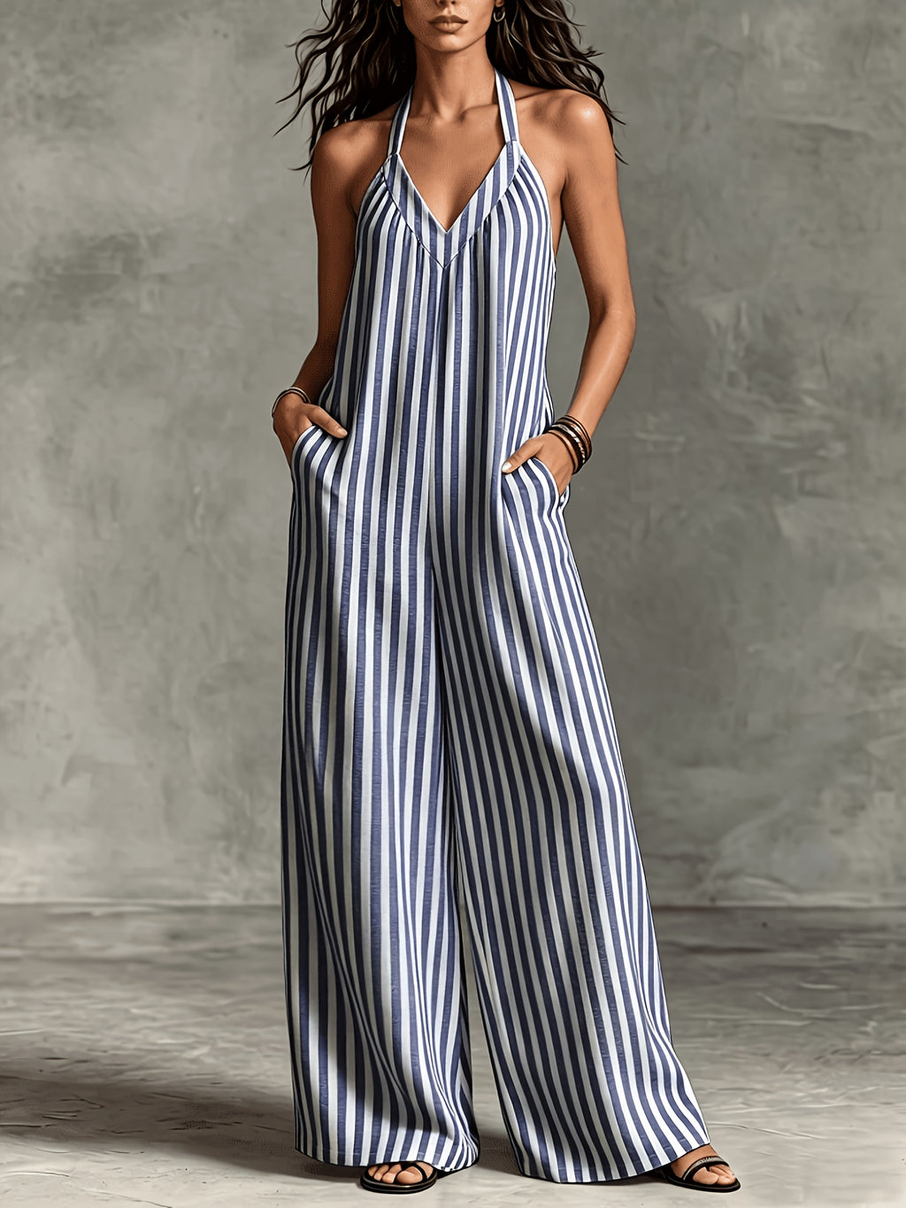 Women'S Casual Sleeveless Loose Striped Jumpsuit for Easter, Labor Day, Birthday, Teacher'S Day, ' Day - Blue