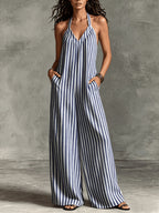 Women'S Casual Sleeveless Loose Striped Jumpsuit for Easter, Labor Day, Birthday, Teacher'S Day, ' Day - Blue