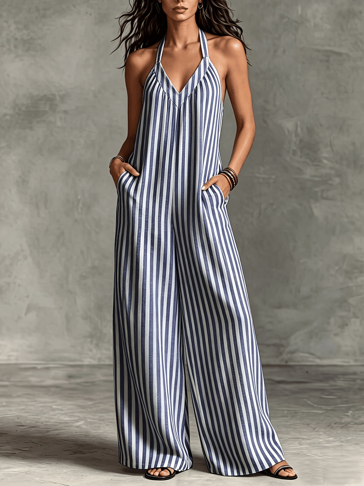 Women'S Casual Sleeveless Loose Striped Jumpsuit for Easter, Labor Day, Birthday, Teacher'S Day, ' Day - Blue