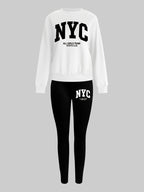 1014Gwen, 1 Set of Casual Women's Sweatshirt Set, 2pcs, Letter Print, Round Neck Long Sleeve Sweatshirt, Long Leggings, Can Be Worn Alone or as a Layering Piece, Suitable for Autumn and Winter, Women's Clothing - White+black