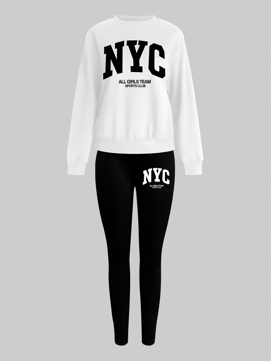 1014Gwen, 1 Set of Casual Women's Sweatshirt Set, 2pcs, Letter Print, Round Neck Long Sleeve Sweatshirt, Long Leggings, Can Be Worn Alone or as a Layering Piece, Suitable for Autumn and Winter, Women's Clothing - White+black