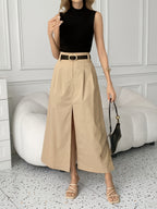 Women'S Old Money Style Elegant Commuter Solid Pocket Mid-Waist Slit A-Line Maxi Skirt (No Belt), Suitable for Dates/Vacation/Outing/Casual/Commute/Elegant/Fashion/Casual/Office/Retro/Holiday/Fun/Elegant/Old Money Style/Streetwear/Vacation Wear/Coun - Khaki