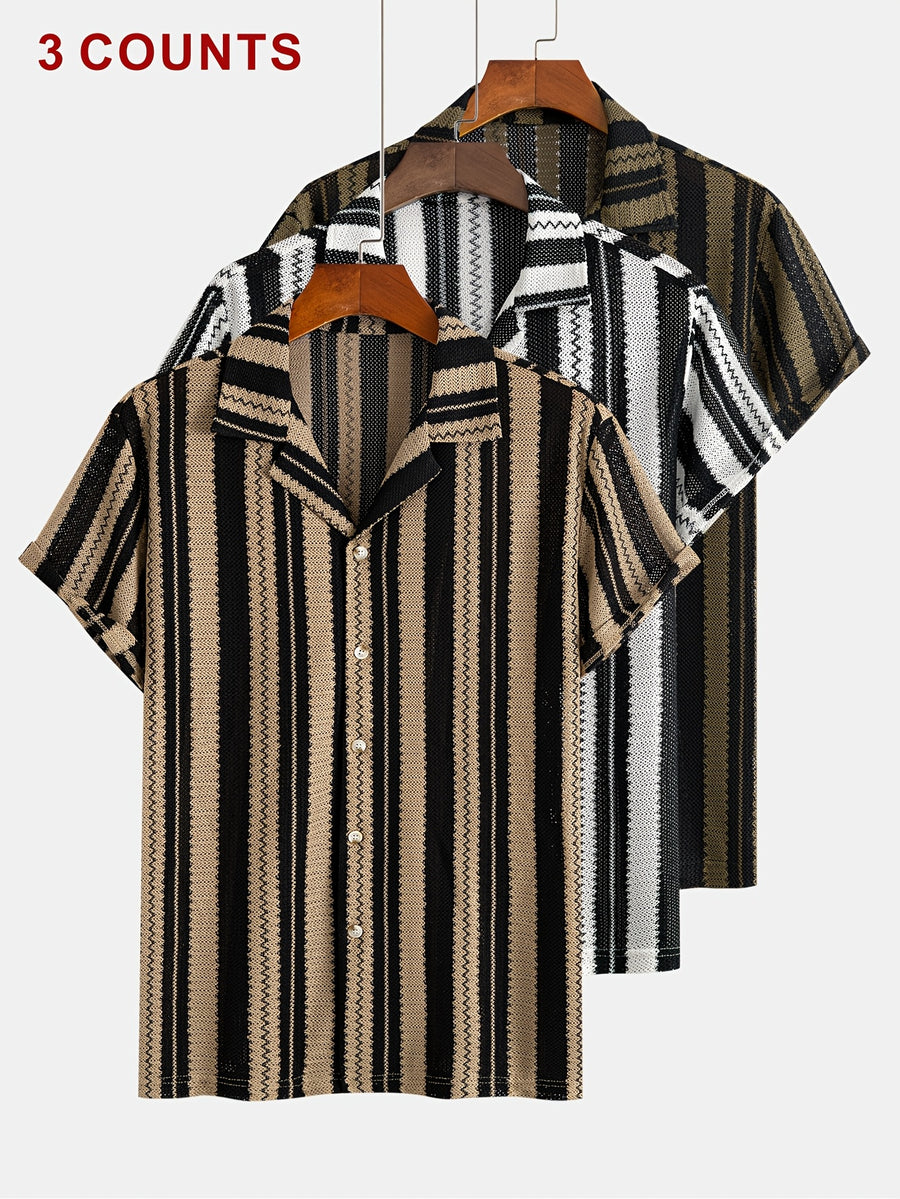 Men'S 3-pc Striped Knit Camp Shirts, Casual Short Sleeve Button- Beach Vacation Tops, Breathable Semi-Sheer Summer Shirts - Brown + White + Green