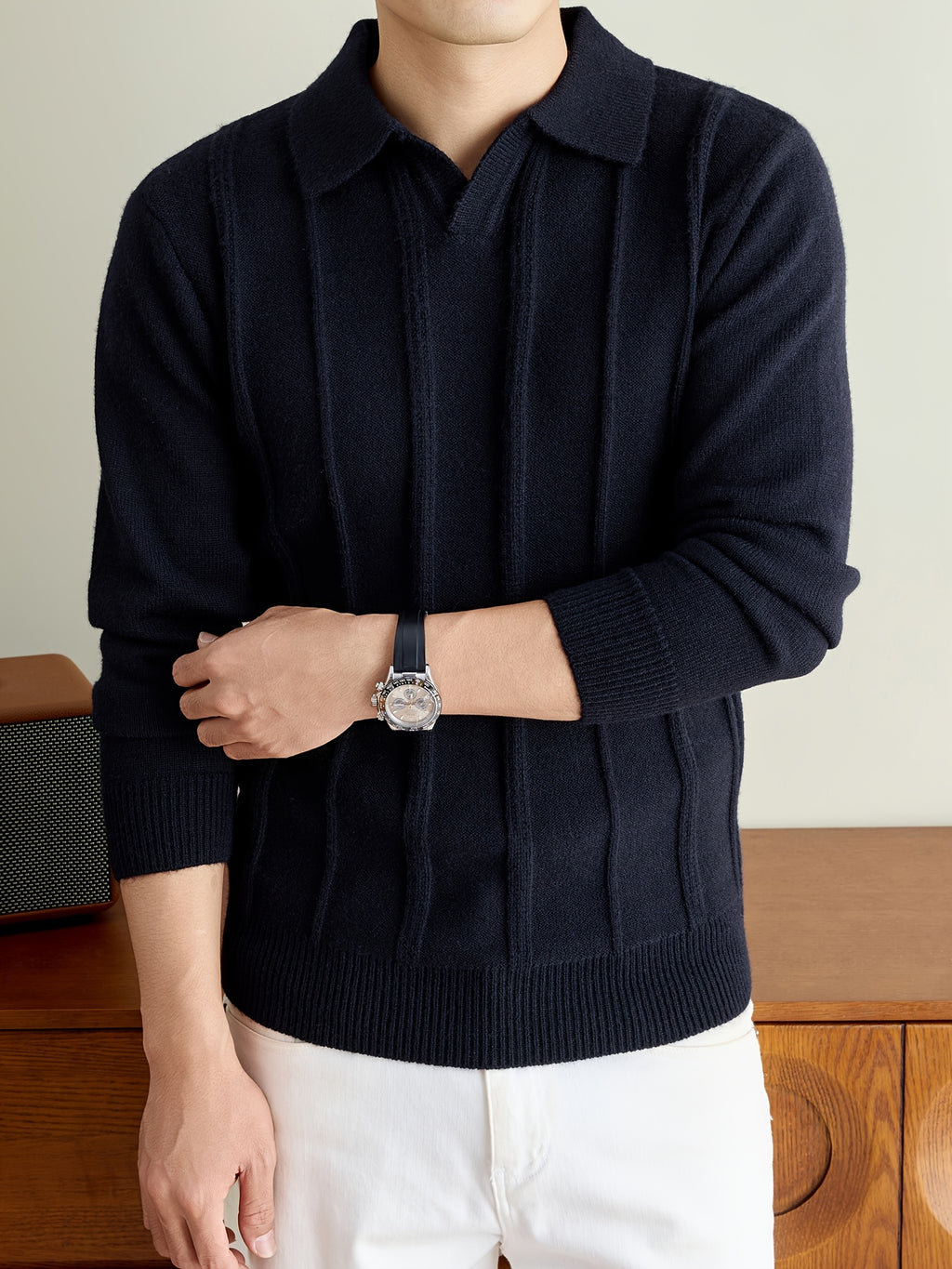 Men's Fall Winter V-Neck Buttonless Collar Knit Polo Sweater, Vertical Ribbed Long Sleeve Pullover with Ribbed Trim, Casual Top - Black