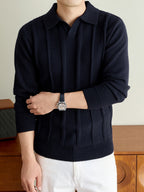 Men's Fall Winter V-Neck Buttonless Collar Knit Polo Sweater, Vertical Ribbed Long Sleeve Pullover with Ribbed Trim, Casual Top - Black