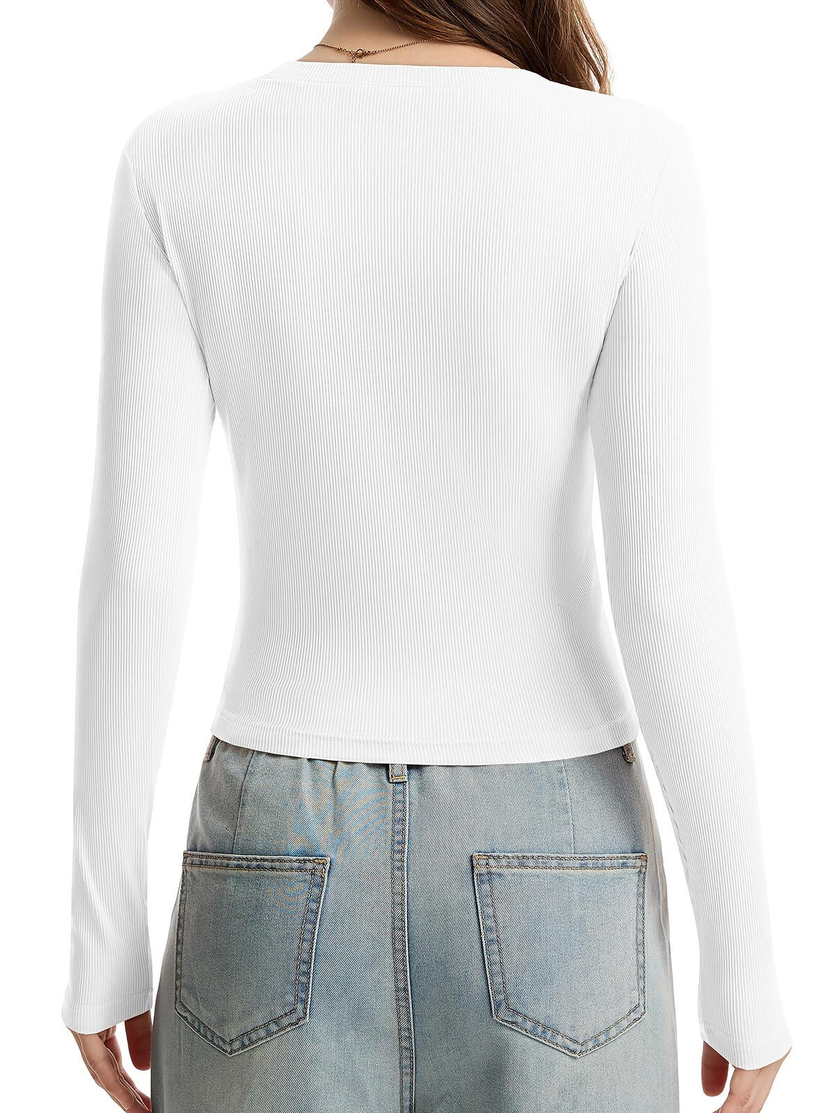 Women'S Round Neck Ribbed Slim Fit Fashion Top Comfortable Casual Short Sleeve Long Sleeve Body Suit Top - White