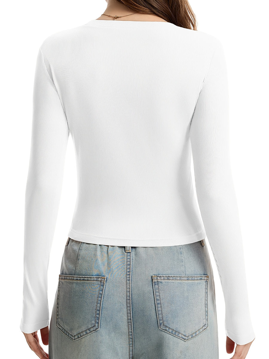 Women'S Round Neck Ribbed Slim Fit Fashion Top Comfortable Casual Short Sleeve Long Sleeve Body Suit Top - White