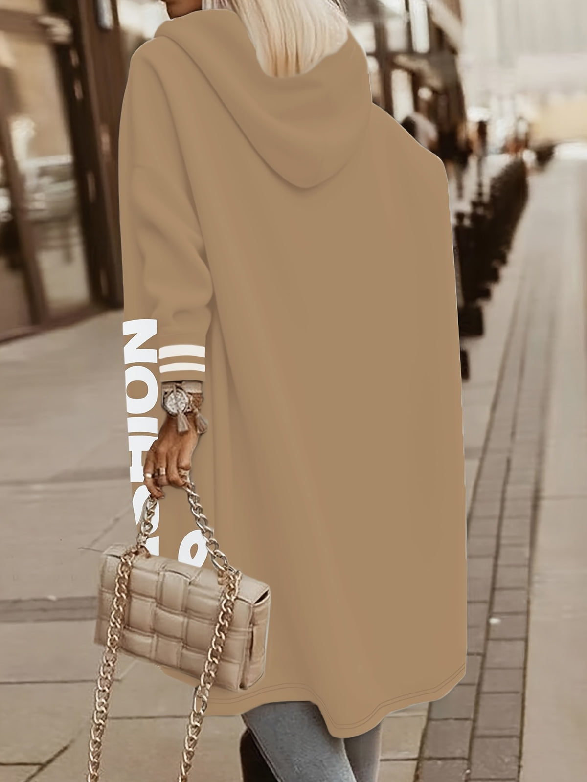 New Casual Fashion Printed Hooded Jacket, Soft -lined Mid-length Zip-up Jacket with Letter Print, Long-sleeve Outerwear for Women in Solid Colors for Autumn/winter, Comfortable Casual Attire for Women, Suitable for Indoor and Casual Outings 2A9790 - Camel