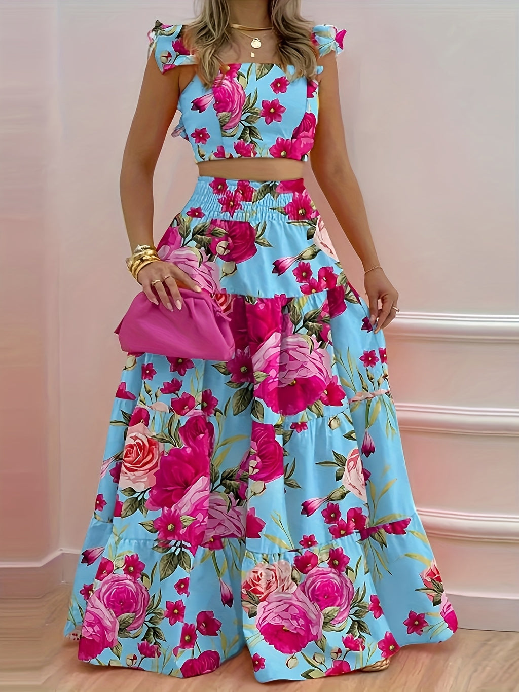 New European and American Style Summer Ruffle Trim Cinched Chest 2pcs Set Women's Long Dress, Blue Base with Rose Red Large Floral Contrast, High-Waisted Sexy Camisole Flared Skirt, Suitable for Summer Club Parties. Can Be a Surprise for Others - Dark Pink