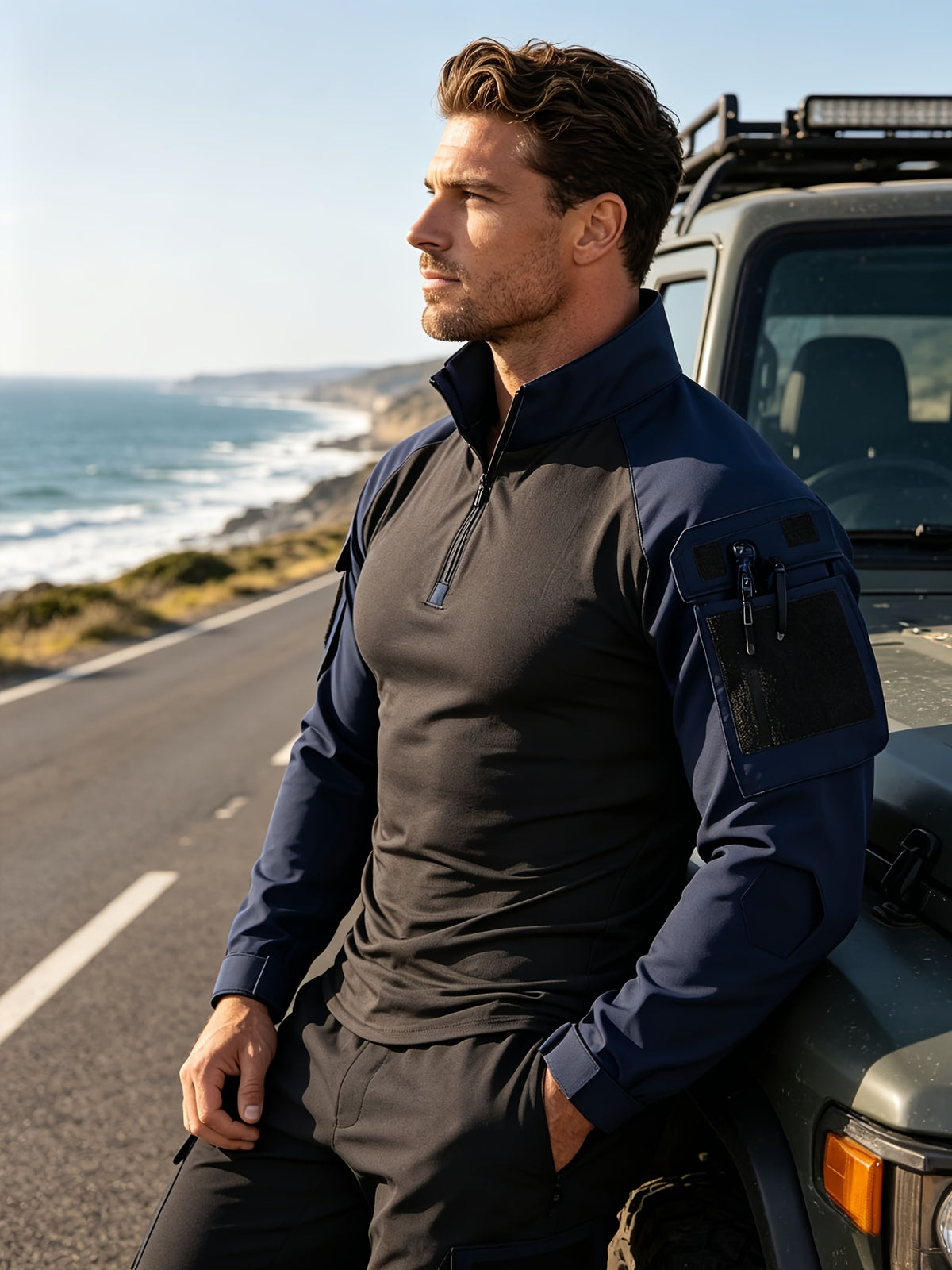 Outdoor Tactical Long-Sleeve Frog Suit Spring Autumn Men'S Stand-Collar Patchwork Elastic Breathable Top Thin Mountaineering Hiking Training Uniform - Navy Color