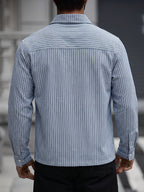 Popular Men's Vertical Stripe Zip-up Long-sleeve Shirt Jacket, Made of Refreshing and Breathable Fabric with a Practical and Stylish Dual-pocket Design. The Zipper Closure Makes It Easy to Put on and Take Off, While the Loose Fit Is Flattering on All - Blue