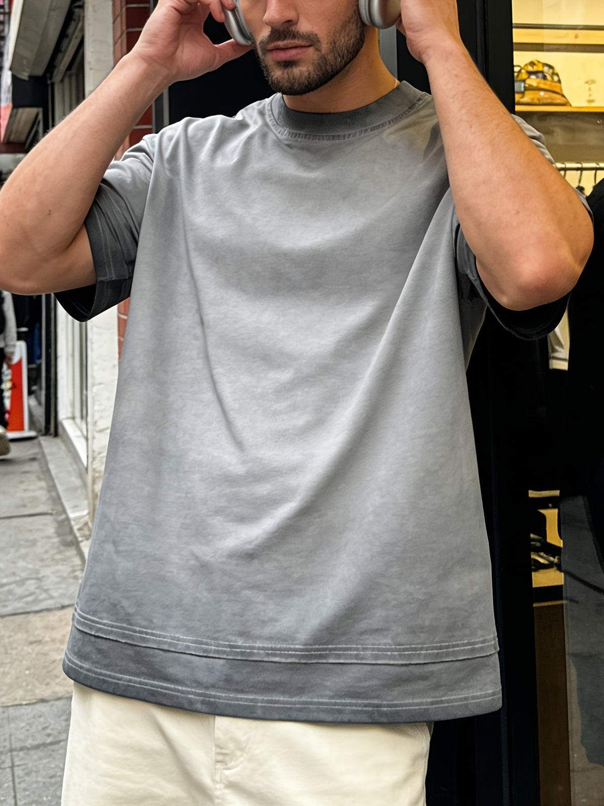 American-style Short-sleeve Men's Top, Featuring Gradient Fading and Distressed Effects, with a Fashionable Hem and Sleeve Patchwork Technique, Offering a Versatile Casual Streetwear Style - Dark Gray