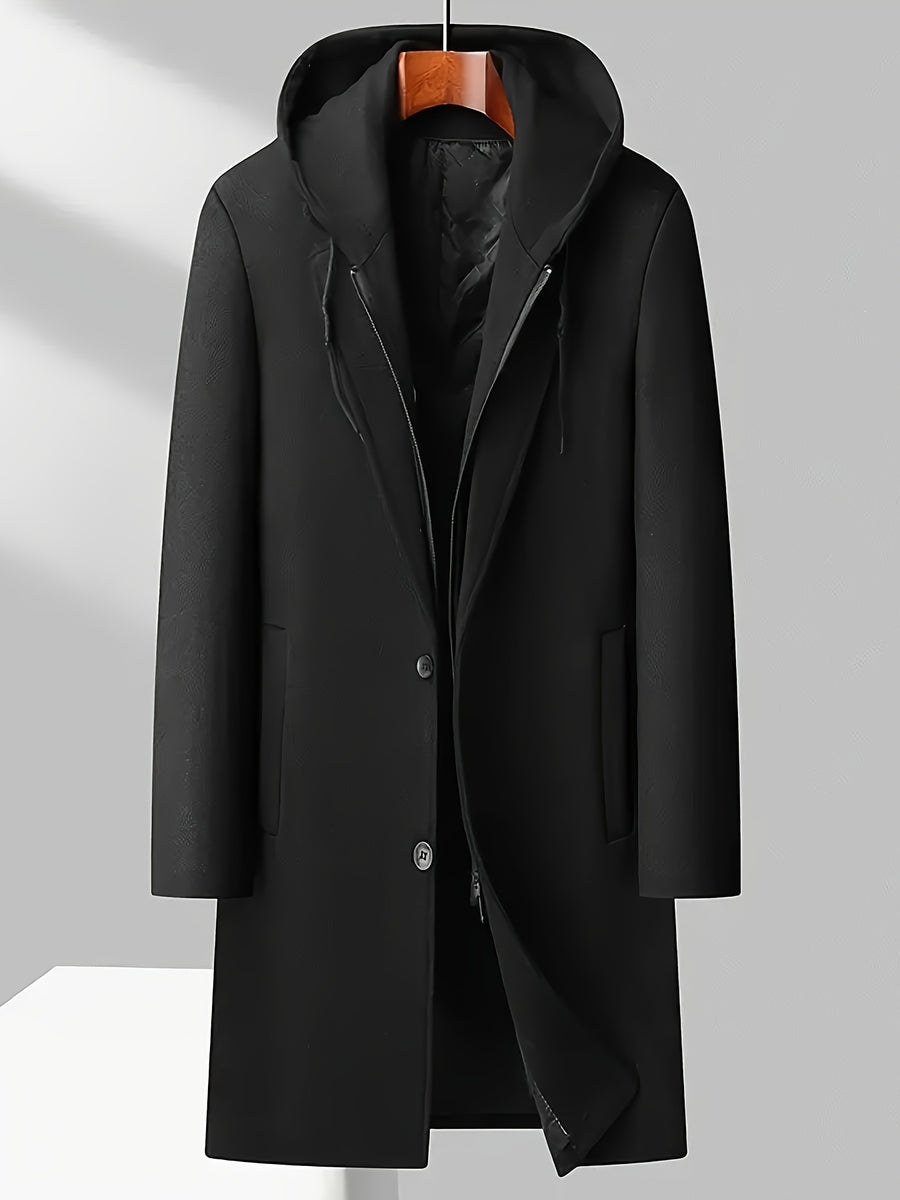 8803 New Thickened Warm Casual Business Removable Hooded Style Thickened Velvet Blend Trench Coat Men'S Jacket - Black