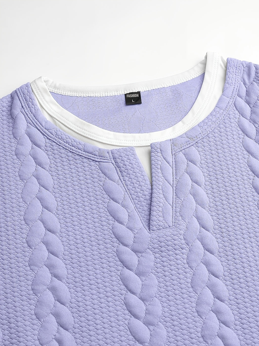 Summer Vintage Vertical Stripe Twisted Cable Embossed Men's Short Sleeve Double-Layer 2-in-1 Look Layered Design Henley Collar T-Shirt, Breathable Textured Versatile Top for Daily Commuting - Light Purple