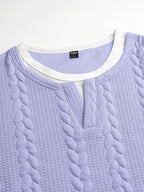 Summer Vintage Vertical Stripe Twisted Cable Embossed Men's Short Sleeve Double-Layer 2-in-1 Look Layered Design Henley Collar T-Shirt, Breathable Textured Versatile Top for Daily Commuting - Light Purple