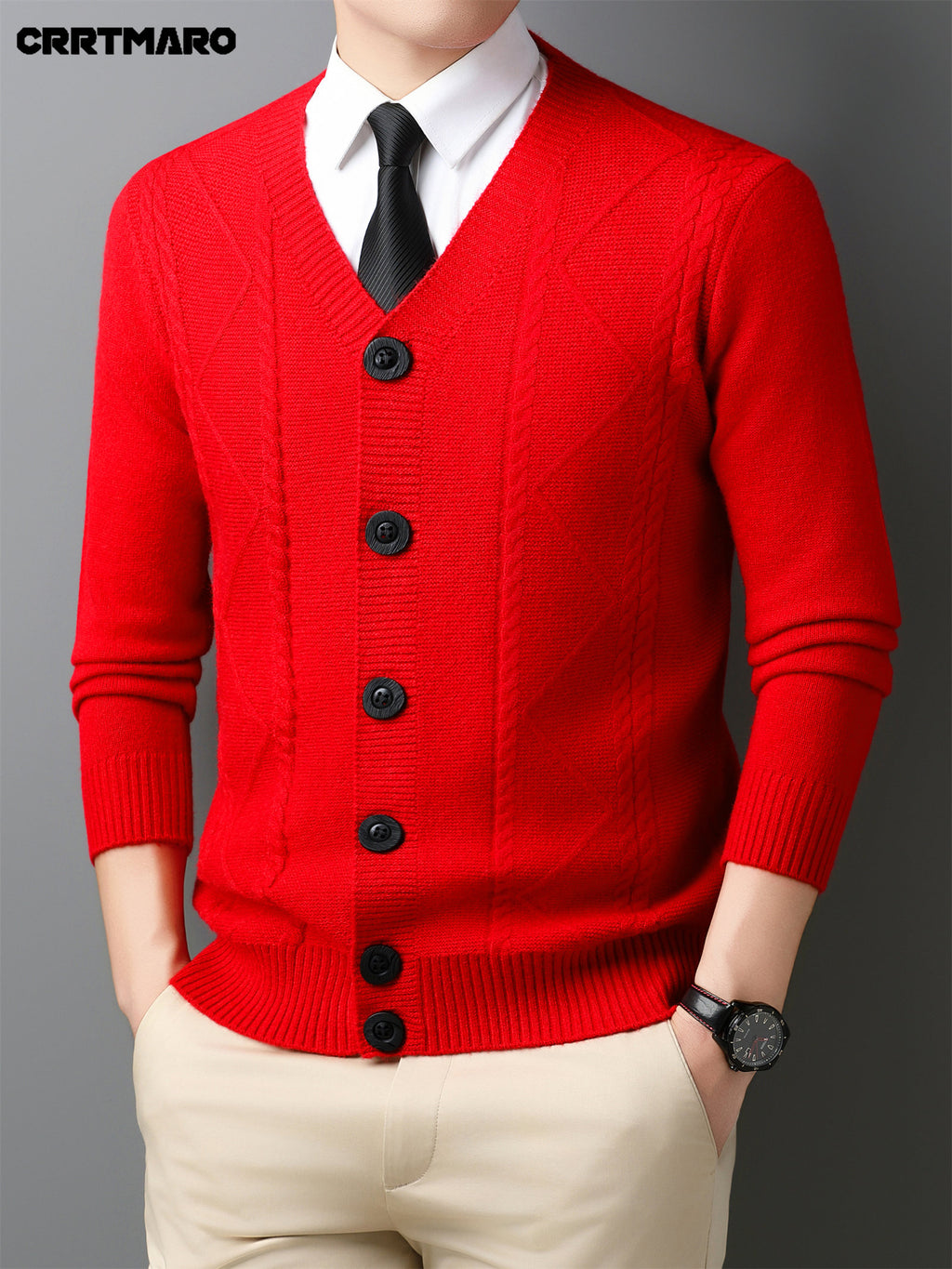 Men'S Wool Blend, Thick Knit Cardigan, Warm Casual Layering Top for Fall And Winter - Bright Red