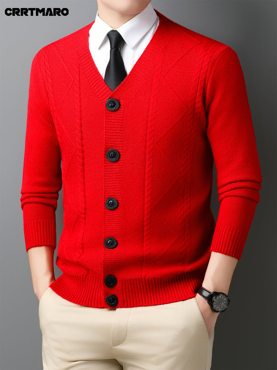Men'S Wool Blend, Thick Knit Cardigan, Warm Casual Layering Top for Fall And Winter - Bright Red