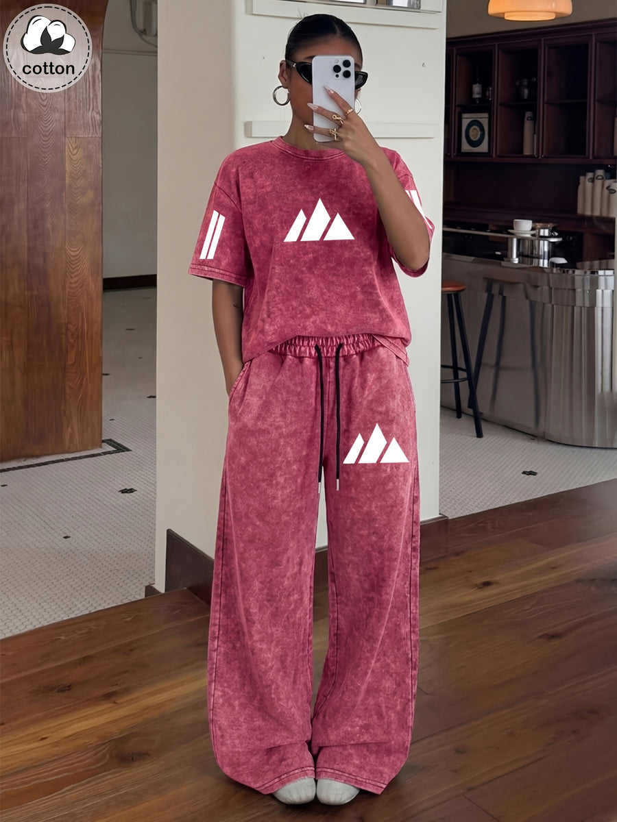 Women'S 2pcs Set, Washed Minimalist Mountain And Stripe Print Loose Short Sleeve T-Shirt And High-Waist Wide-Leg Athletic Pants, Retro Street Style Casual Home Wear Set, Daily Wear Loose Jogger Pants Set - Red