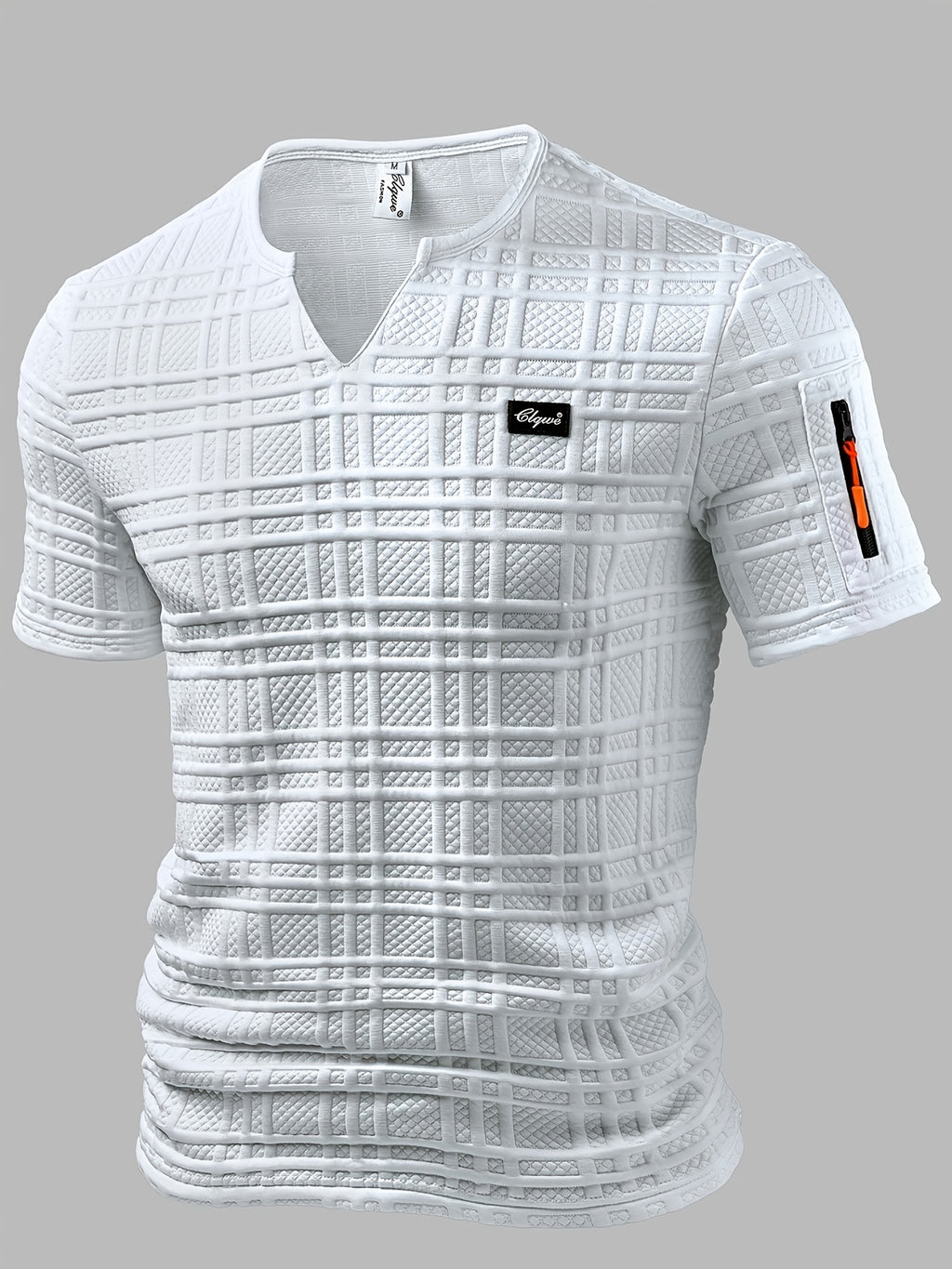Men's Fashion Top, Spring/Summer Outdoor Casual Textured Jacquard Fabric, Notched V-Neck with Badge, Short Sleeve Zipper Pocket Design, Men's T-Shirt Henley Shirt - White