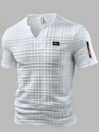 Men's Fashion Top, Spring/Summer Outdoor Casual Textured Jacquard Fabric, Notched V-Neck with Badge, Short Sleeve Zipper Pocket Design, Men's T-Shirt Henley Shirt - White
