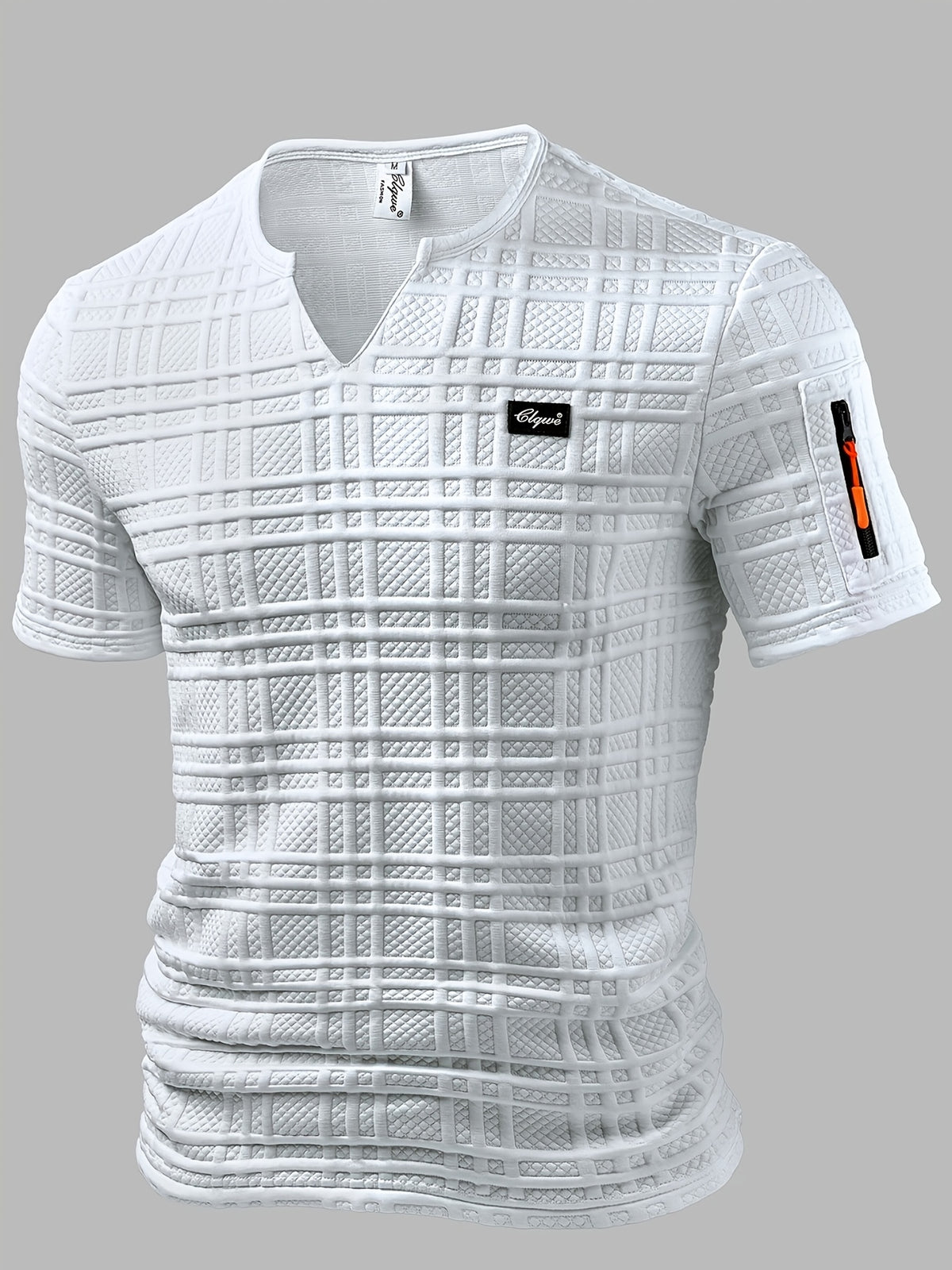 Men's Fashion Top, Spring/Summer Outdoor Casual Textured Jacquard Fabric, Notched V-Neck with Badge, Short Sleeve Zipper Pocket Design, Men's T-Shirt Henley Shirt - White