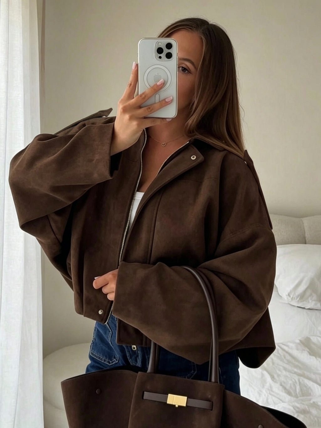 Women'S Spring Autumn New Melange Solid Color Atmospheric Long Sleeve Coat Fashion Versatile Lazy Style Jacket - Dark Brown