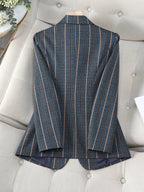Elegant 2025 Blue Striped Suit Jacket, Noble and High-end Small Suit for Women, New Suit with Striped Contrasting Color - Sea Blue