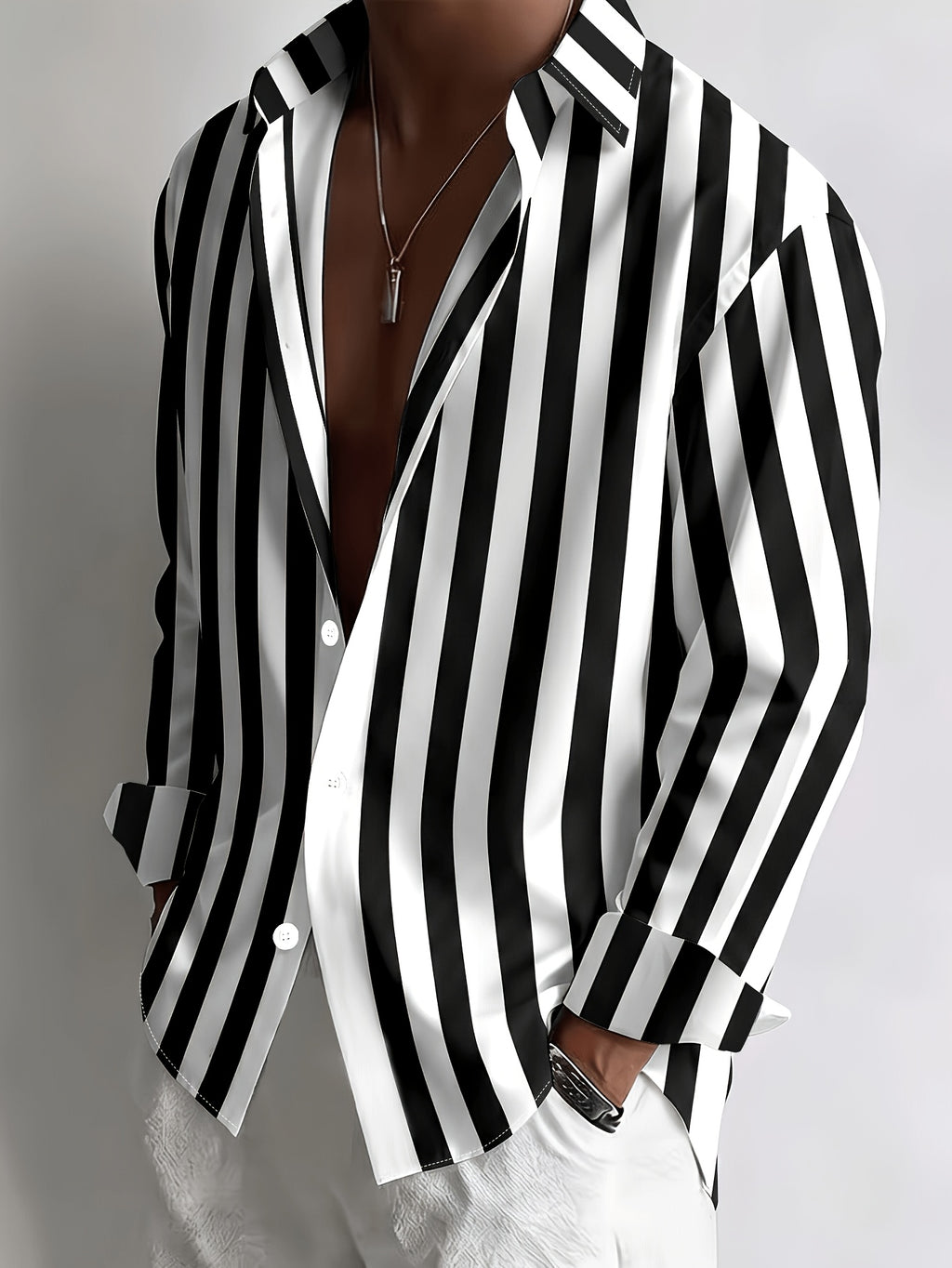 Men's Striped Long-sleeve Shirt with Lapel Collar, a Versatile Top for a Casual, Laid-back Vacation Style - Mixed colors