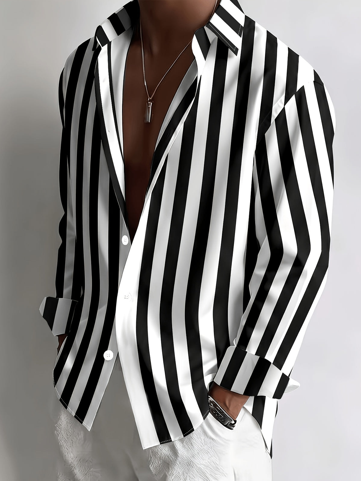 Men's Striped Long-sleeve Shirt with Lapel Collar, a Versatile Top for a Casual, Laid-back Vacation Style - Mixed colors