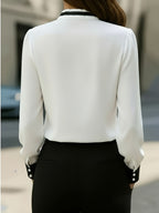 Ladies' Solid Color Pleated Bow Elegant Fashion Long Sleeve Shirt Top - White