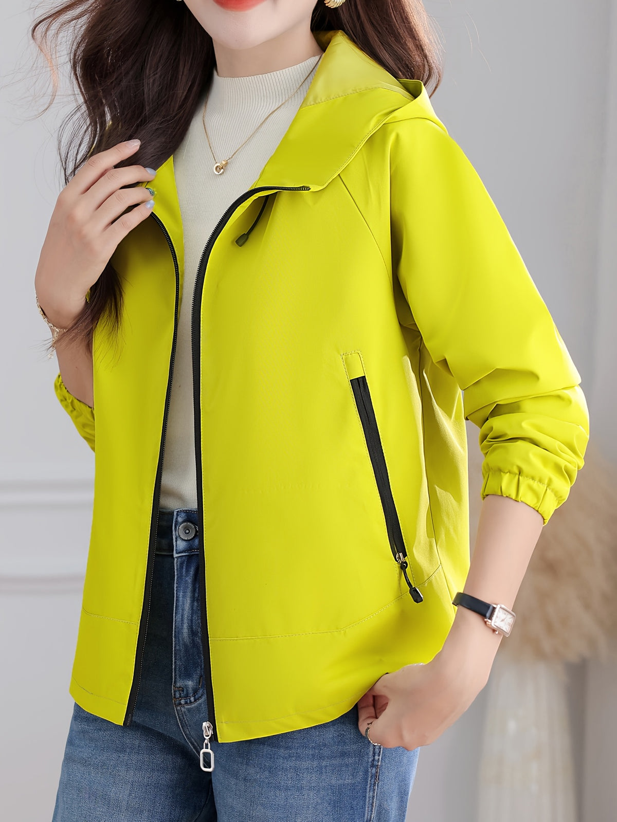 Autumn/Winter -Lined Jacket, Outdoor Hooded Women's Top for Daily Outings, Loose Fit Long-Sleeve Cardigan, Wear-Resistant, Thickened, and Warm for Commuting, Strolling, Hiking, Simple and Versatile Women's Outdoor Casual Top - Yellow