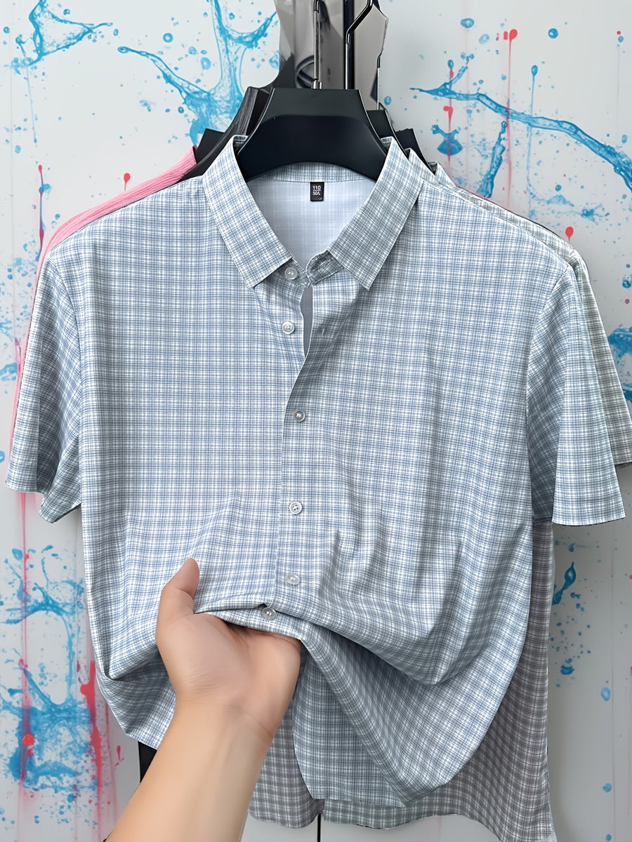 Summer Men's Ice Silky Fiber Fabric Short-Sleeve Shirt, Completely Seamless, Wrinkle-Free, Iron-Free, Business Casual, Cool, Wrinkle-Resistant, High-End and Elegant, Birthday Gift - Light Blue