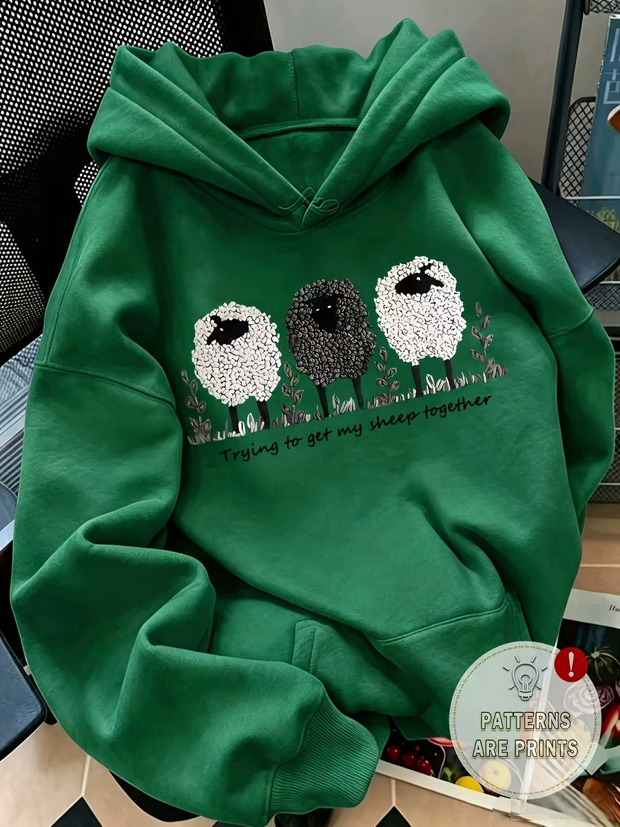 Women's casual round neck sweatshirt - Cartoon creative sheep pattern print, regular version round neck sweatshirt, suitable for autumn and winter seasons, Women's clothing - Dark Green