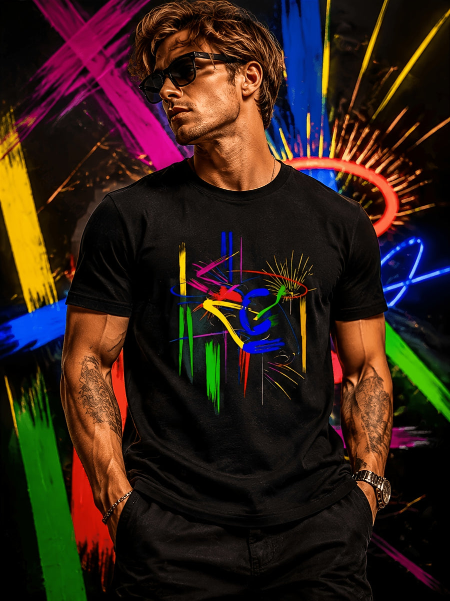 Men's Abstract Art T-Shirt - Vibrant Brushstroke Design, Soft and Breathable, Modern Crew Neck, Short Sleeve Summer Tee, Art-Inspired T-Shirt - Black