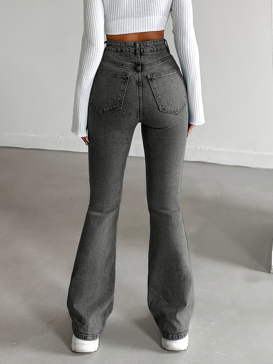 New Premium Gray High Waist Flare Jeans, Y2K Vintage Hip Lifting, Wear-resistant & Slim Fit, Versatile for Commute & Travel, Music Festival Outfits, Festival Casual, Ramadan Daily Wear, Fashion Party Style, Women's Denim Pants Season - Dark Gray