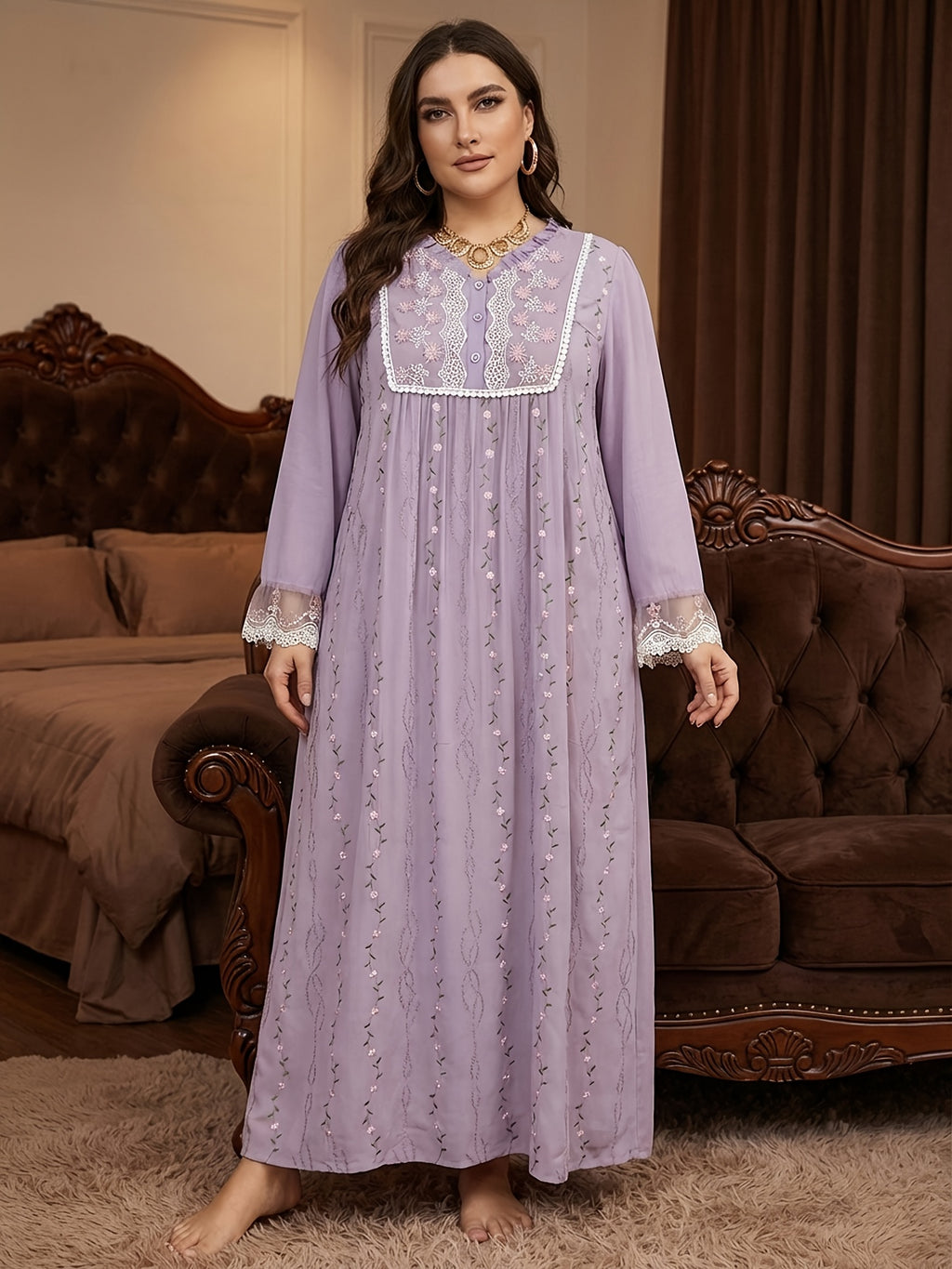 Plus Size Women'S Night Dress | Middle Eastern Style, Non-Stretch Fabric, Floral Pattern, Embroidered Details, All-Season - Light Purple