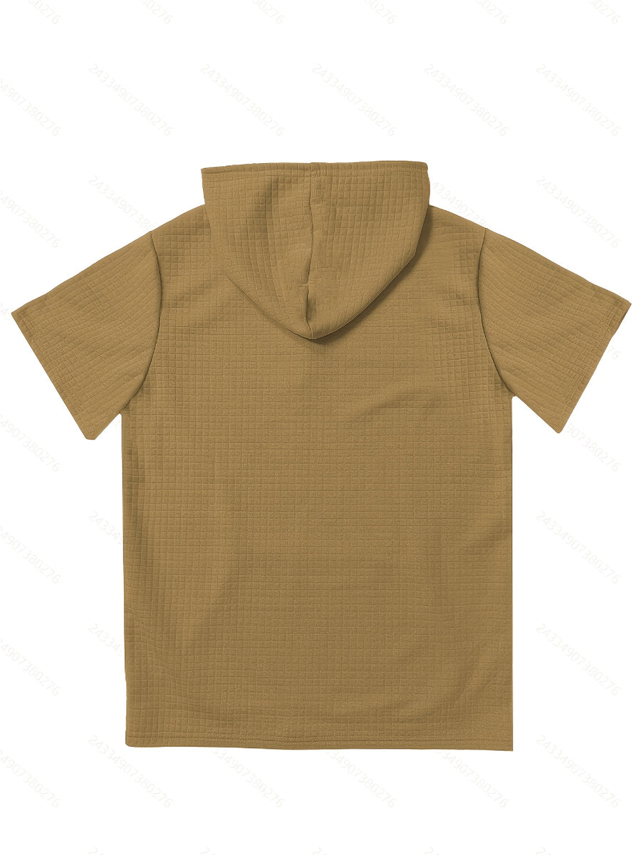 Men's Short-Sleeve Hoodie with Plaid Texture - Solid Color Hooded, Machine Washable Summer Casual Wear Suitable for Daily Outings, Gifts, Commemorative Present for Friends, Versatile Layering for Warmth (Regular Fit) - Sand Color