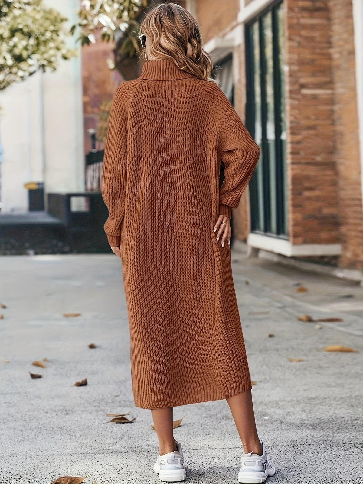This Autumn and Winter Fashion Solid-color High-neck Long Sweater for Women Is a Casual Style. It Is Suitable for Daily Outings and Dates. It Is Versatile and Practical, and a Must-have for Daily Commutes and Dates - Dark Brown