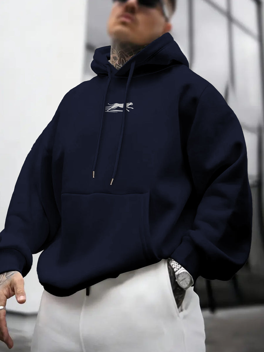 Men'S Hooded Fleece Sweatshirt, Leopard Print, Men'S Versatile Hooded Sweater, Casual And Comfortable Long-Sleeved Pullover, Autumn And Winter Hooded Sweatshirt, Easy SLOGAN, Casual, Outdoor Street Style, Fashionable - Navy Color
