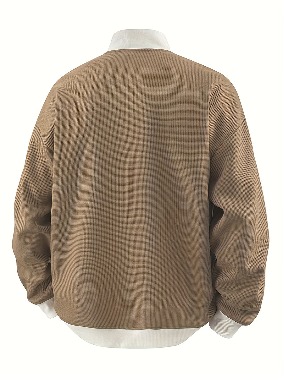 Men'S American Vintage Cardigan Sweatshirt, New Striped Stand-Up Collar, College Style Sports Casual Jacket for Spring And Autumn - Brown